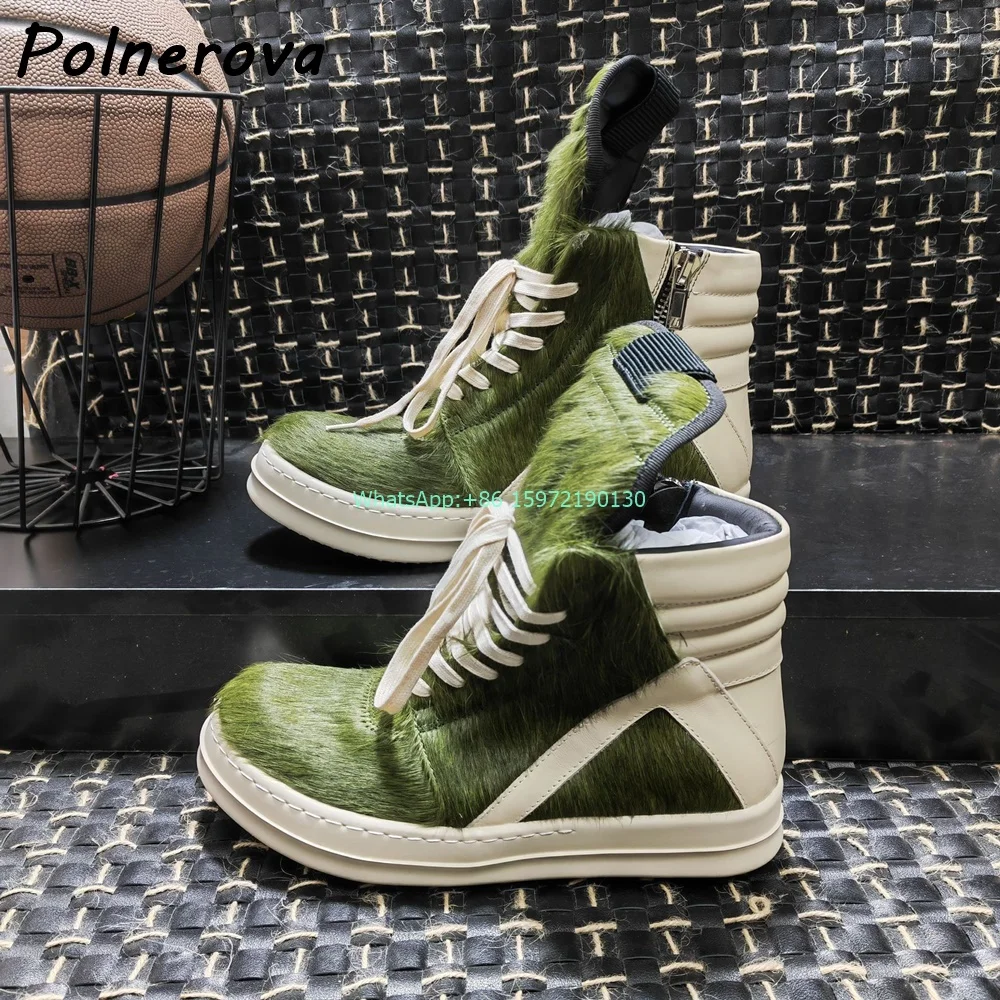 Horsehair Green White Mixed Color Pumps Thick Soled Round Toe Genuine Leather Lace Up Shoes Fashion Couple Leisure Shoes 2024