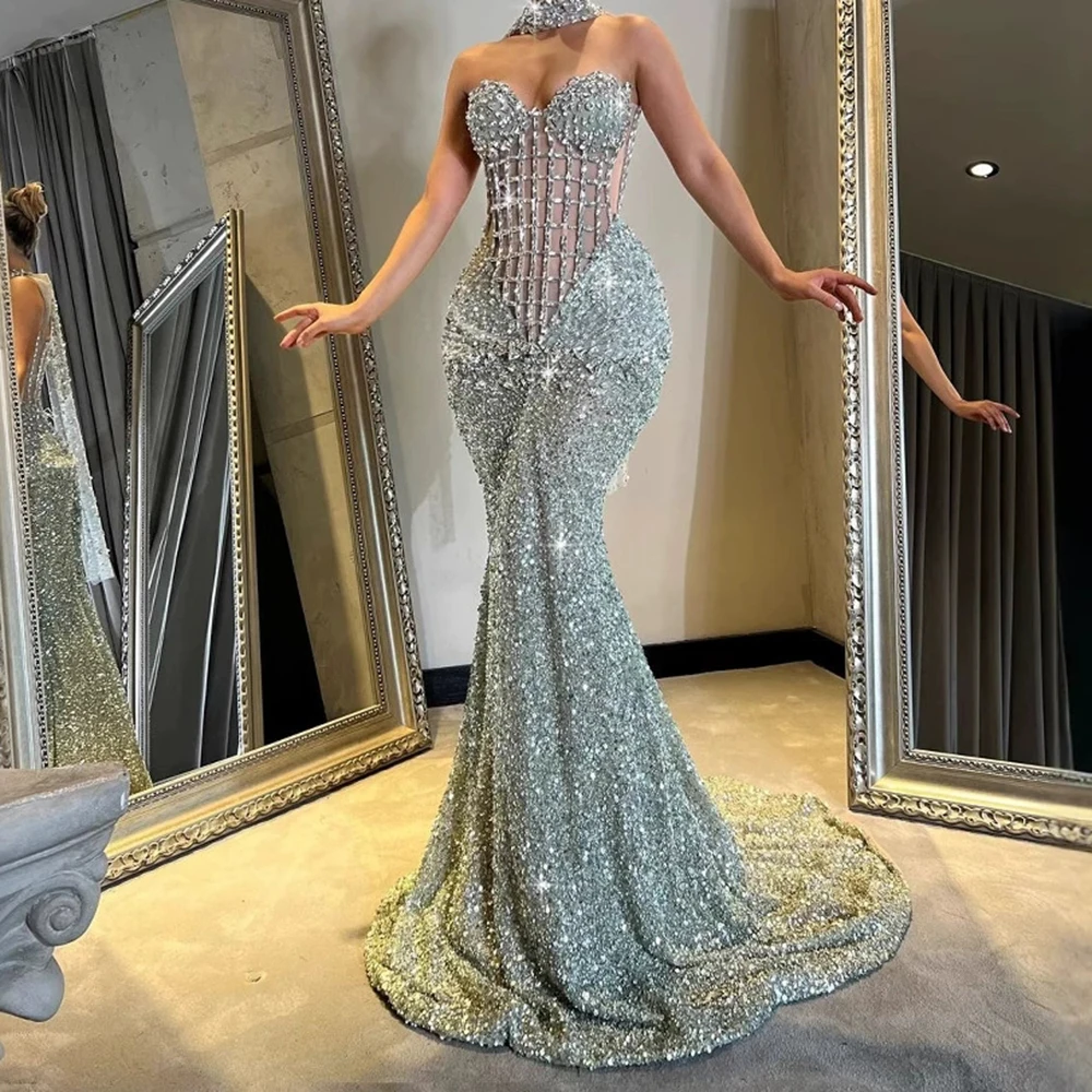 

Hot-selling bandage dress, sequined fishtail dress, metal mesh fishbone tube top evening dress​​-GZXX818