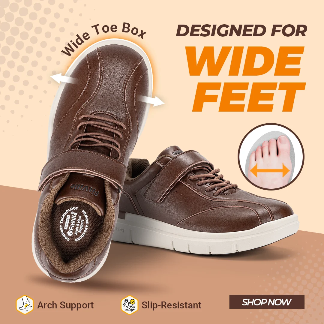 FitVille Men's Wide Dress Shoes, Casual Comfortable Leather Oxford Business Sneakers, Lightweight Non‑Slip with Arch Support for Swollen Feet