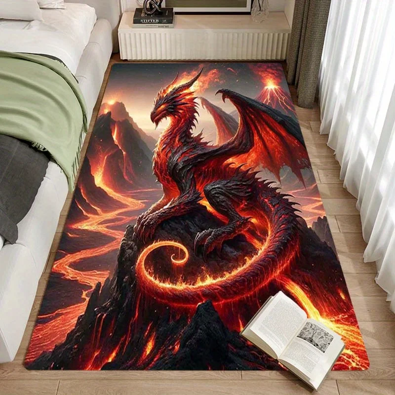 Red Dragon Volcano Area Rug - 800g/㎡ Non-Slip Crystal Velvet Washable Carpet for Bedroom, Living Room & Dragon Decor