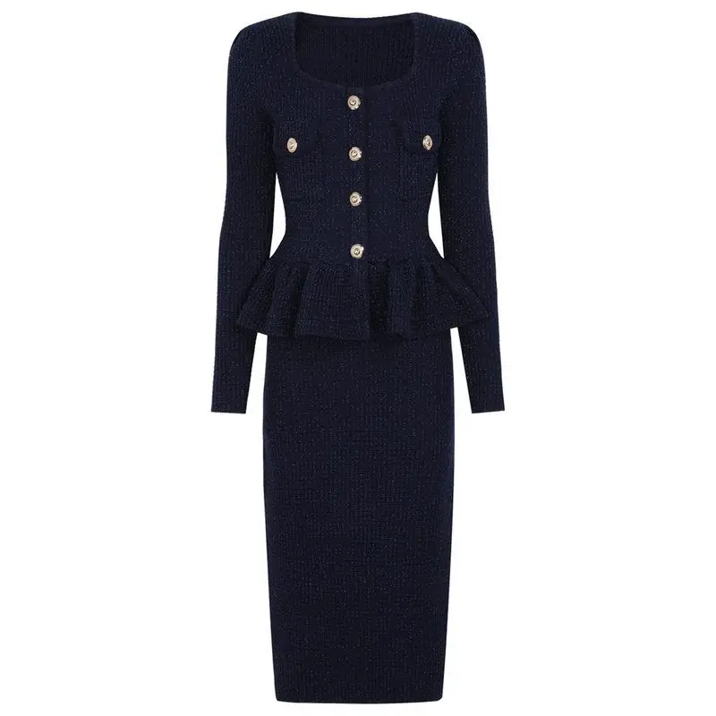 

Slimming Long Sleeve Knitted Dress Fashionable Spring Autumn New Style European Waist Design Business Scene Women's Dress