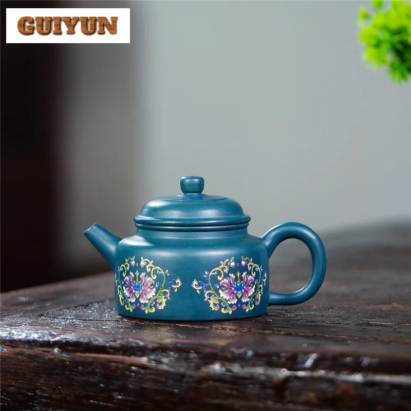 

220ml Aesthetic Yixing Purple Clay Teapots Handmade Colour Enamels Dezhong Pot Raw Ore Azure Mud Kettle Zisha Tea Set Tea Craft