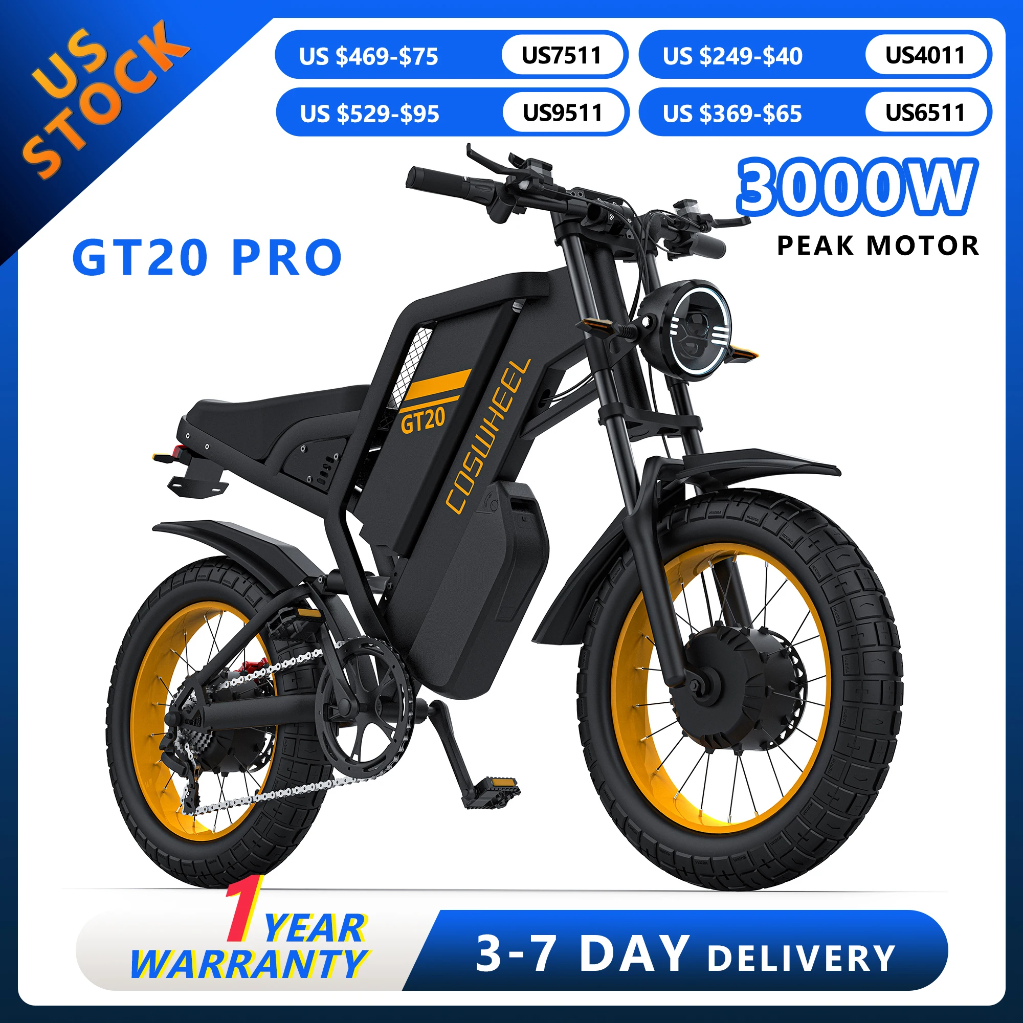 COSWHELL E bike GT20 Pro 3000W Peak Electric Dual Motorcycle 48V40AH Mountain Electric Bike Adult Off-Road 20'' Fat Tire bicycle