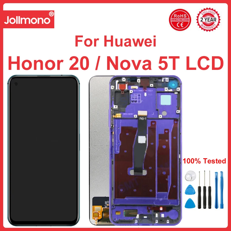 6.26''  Test For Honor 20 YAL-L21 LCD Display+Touch Screen Assembly Replace For Huawei Nova 5T Screen with frame