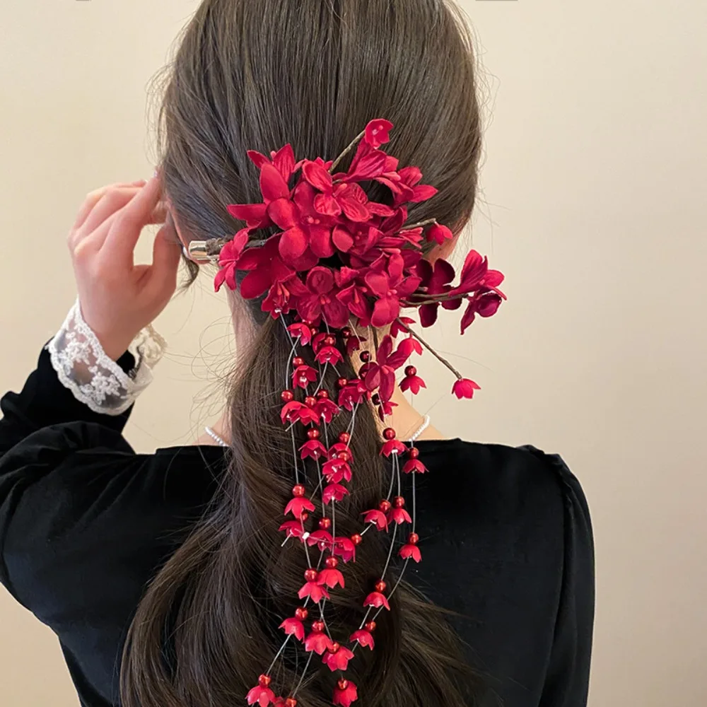 

New Flower Orchid Hair Clip With Pearl Tassels Long Hair Claw Hairpins Headwear Gift