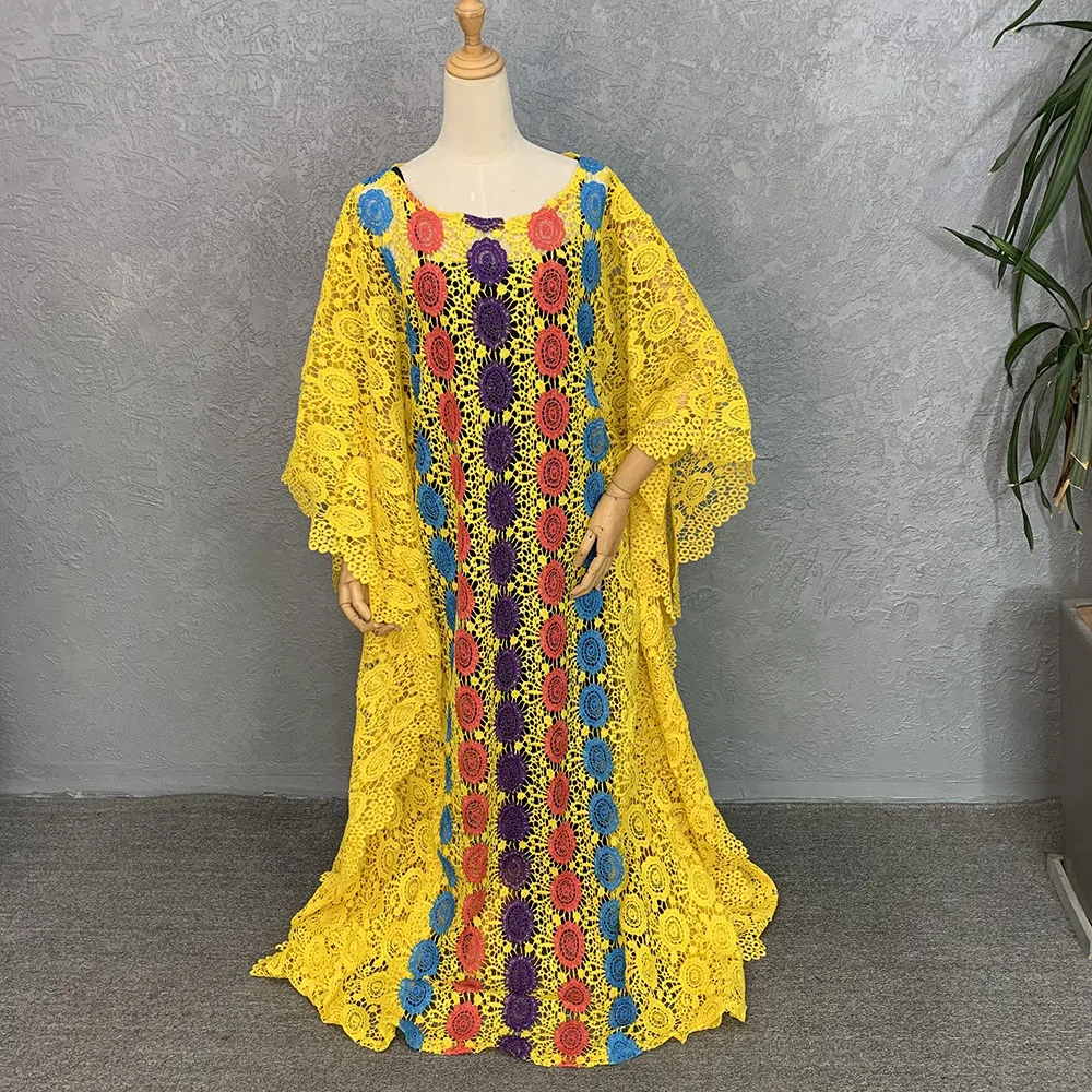 New Arrival African Lace Abaya Dresses Elegant Women Traditional Dashiki Boubou Kaftan Casual Batwing Sleeve Dress Nigeria Daily