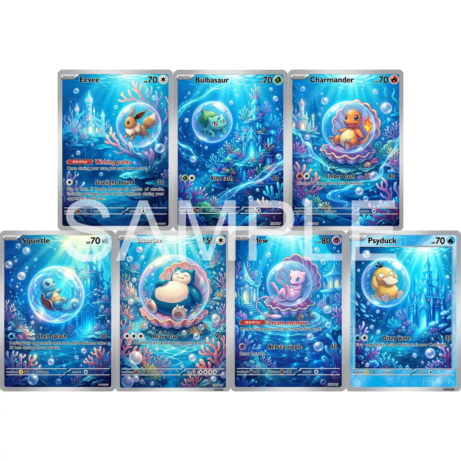 7Pcs PKM Cards PTCG Ocean Palace Style Eevee Bulbasaur Charmander Squirtle Snorlax Mew Psyduck Full Art Sea Cards PTCG Gift
