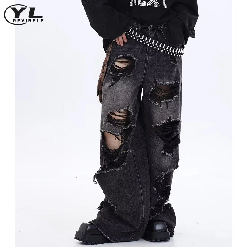 Baggy Hole Jeans Man Woman American Vintage Black High Waist Denim Pants Hip Hop Gothic Unisex Spring Autumn Wide Leg Trousers