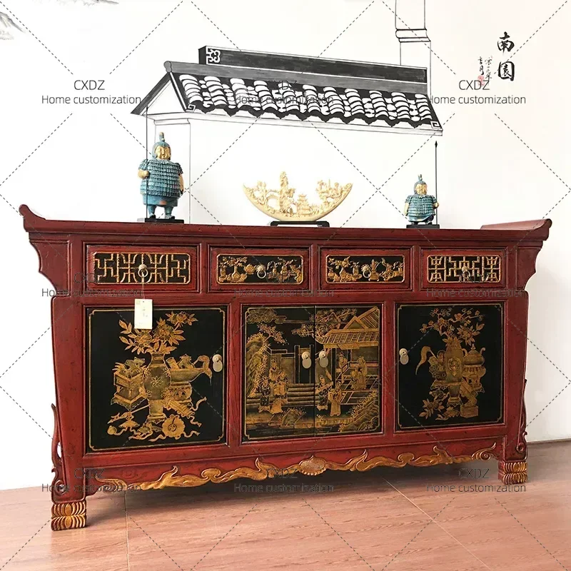 Modern New Chinese Style Antique Solid Wood Hand Painted Gold Porch Cabinet Retro Partition Locker for Foyer Entryway Storage