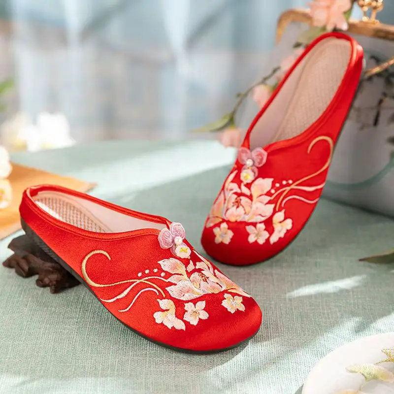 

Женские тапочки Baotou на плоской подошве с вышивкой, этнический стиль, мягкая подошва, нескользящие легкие домашние тапочки с круглым носком, уличные полутапочки