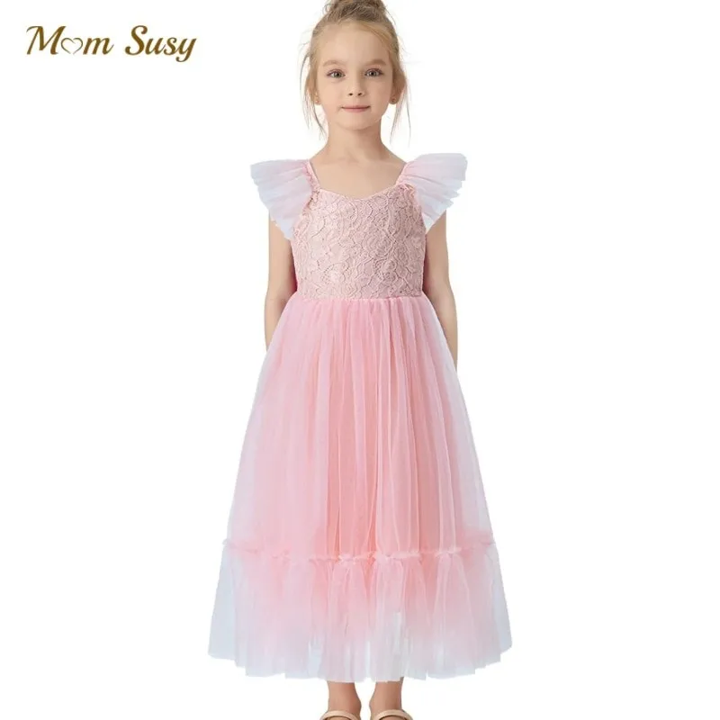 Baby Girl Princess Lace Long Dress Fly Sleeve Infant Toddler Teen Vestido Party Wedding Pageant Birthday Baby Clothes 1-12Y