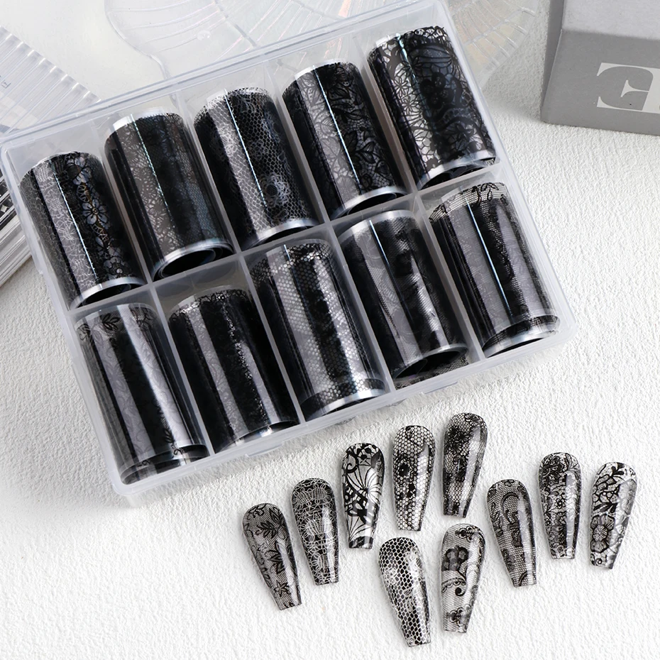 10 Rollen schwarze Spitzen-Nagelkunst-Transferfolienaufkleber, Vintage-Blumenmuster, Netz-Nagelfolienwickel, Blumenabziehbilder, Maniküre-Dekorationen