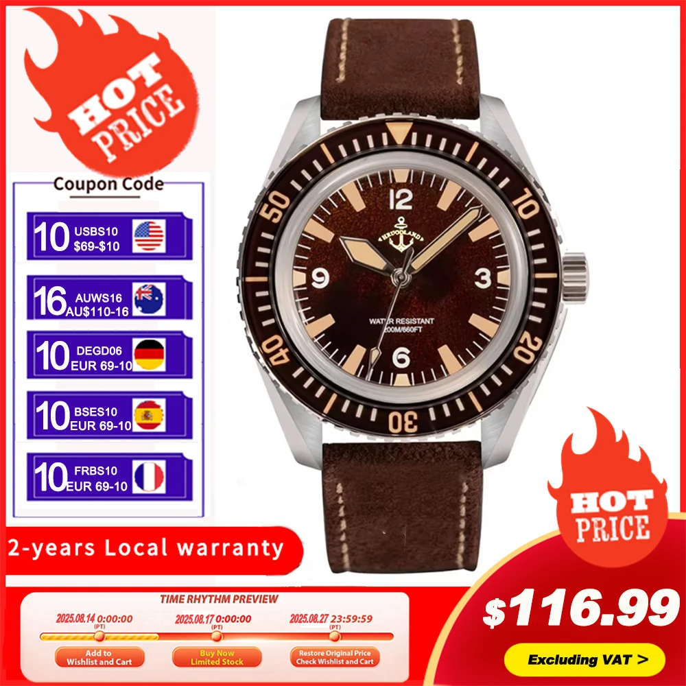 

Часы Hruodland 40 мм, спортивные мужские часы в стиле ретро, NH35, автоматические механические часы из нержавеющей стали, коричневые кожаные часы для дайвинга для мужчин F025