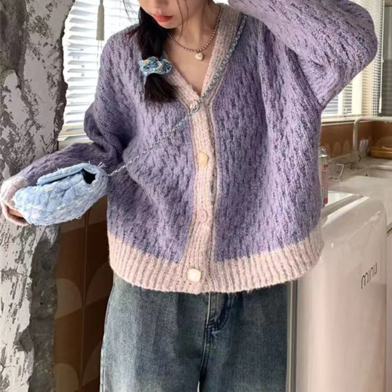 Purple Patchwork Knitted Cardigan Women Korean Fashion Spring Autumn Warm Soft V-neck Sweater Versatile Loose Knitting Jackets