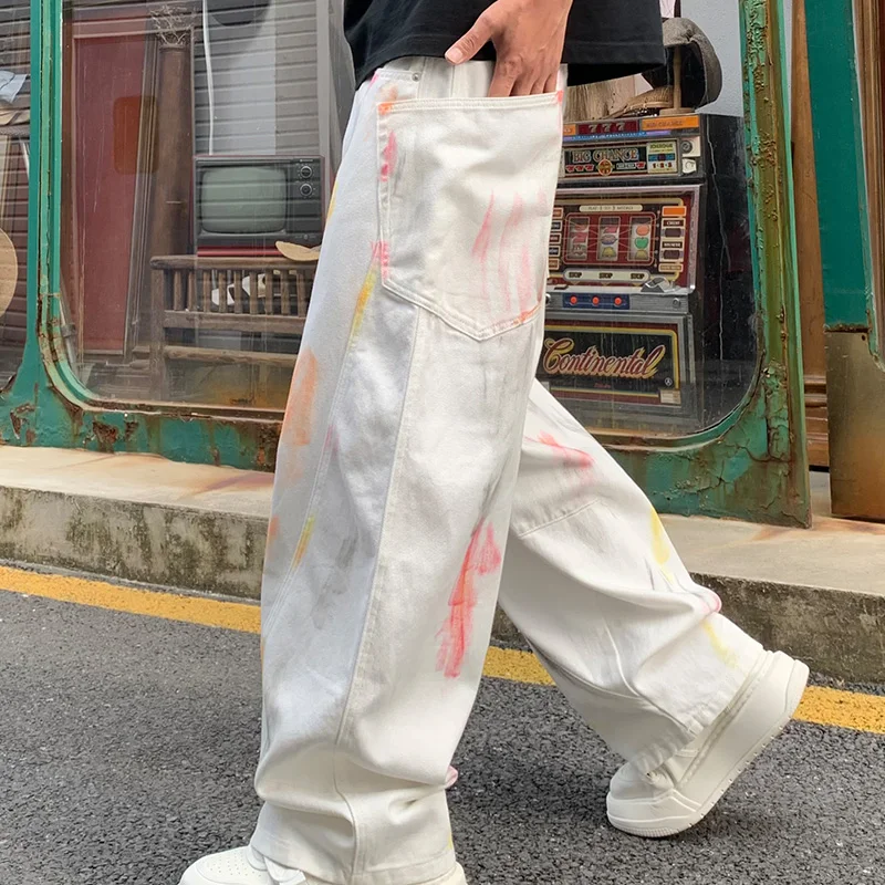 Painted Graffiti jeans men's loose trendy hip hop style street fashion High Street straight wide leg personality white trousers