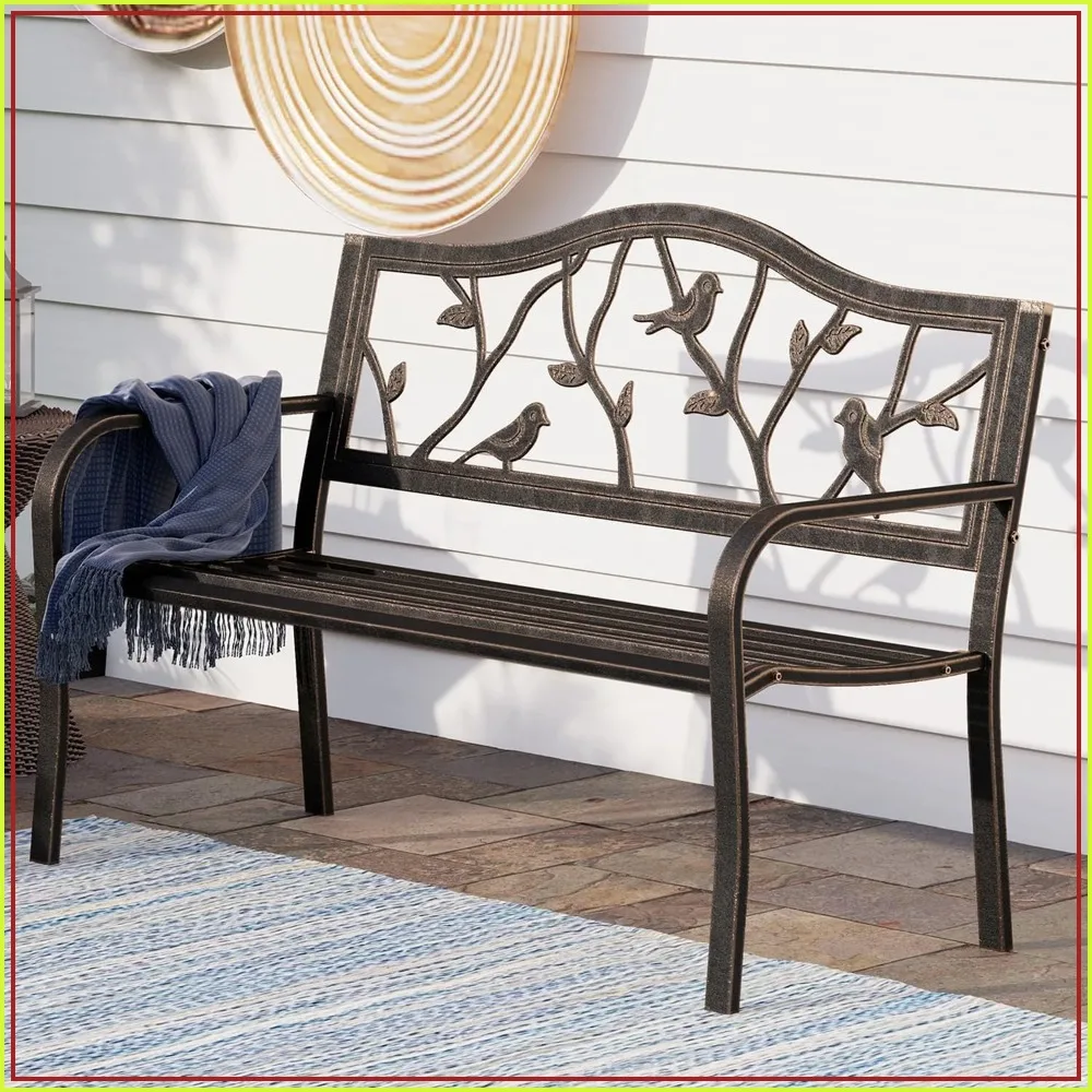 PHI VILLA Outdoor Patio 50 Inch Metal Park Bench, Bronze Bird Pattern