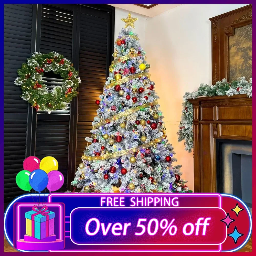 6.5 ft Prelit Snow Flocked Christmas Tree, Artificial Christmas Pine Tree with 250 Multicolor LED Lights, 1032 Tips, 10 Colors