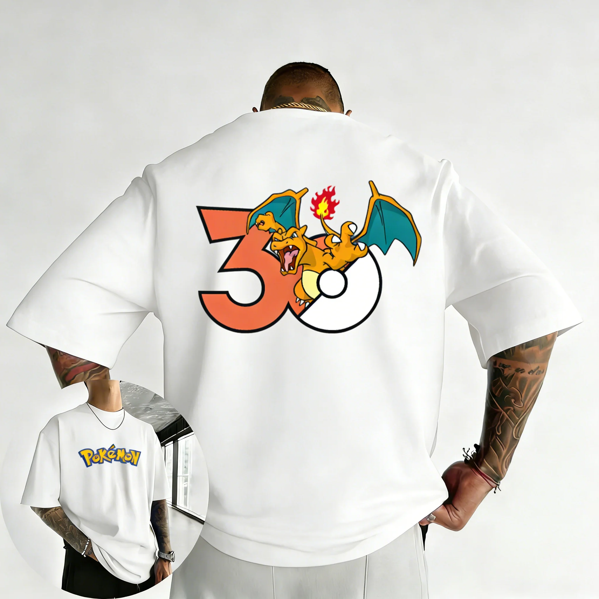 2026 Pokémon 30th Anniversary Charizard Printed T-shirt Summer Men's and Women's Loose Casual Hip Hop Trendy Short Sleeve Top