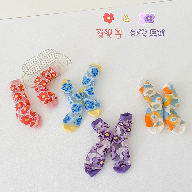 1-8 Year 4 Pairs 2022 summer color-blocking flower card crystal socks thin girls\' socks