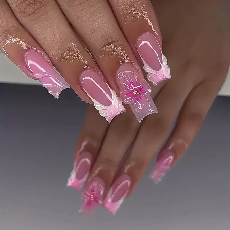 24pcs Flower French Fake Nails Pink Mid-length Square Finished False Nail 3D Jelly Hibiscus Design Gradient Press on Nails Tips#