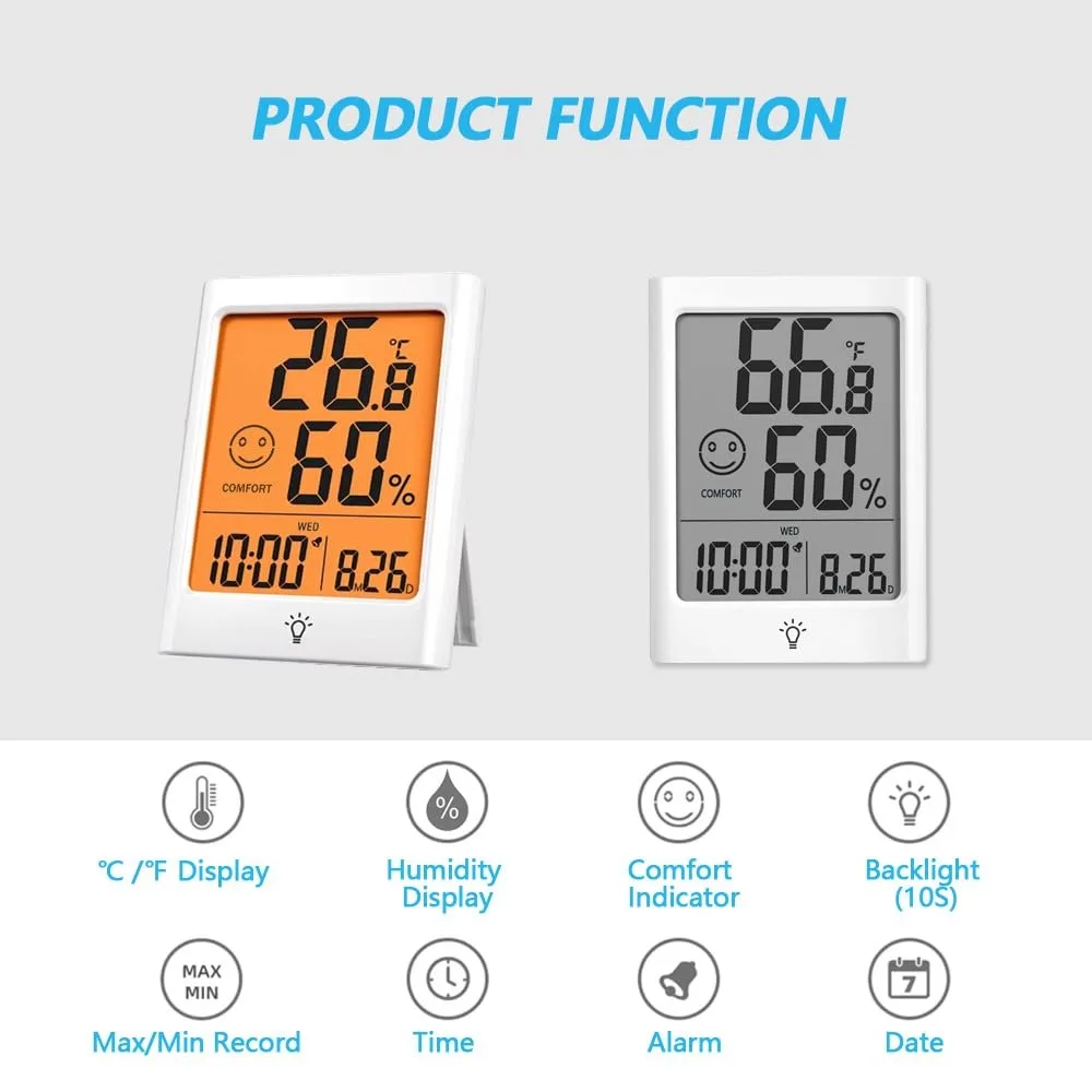 Digital Indoor Thermometer Hygrometer with Backlight, Comfort Indicator, Max/Min Record, Calendar, Alarm, °C/°F Switch for Bedroom