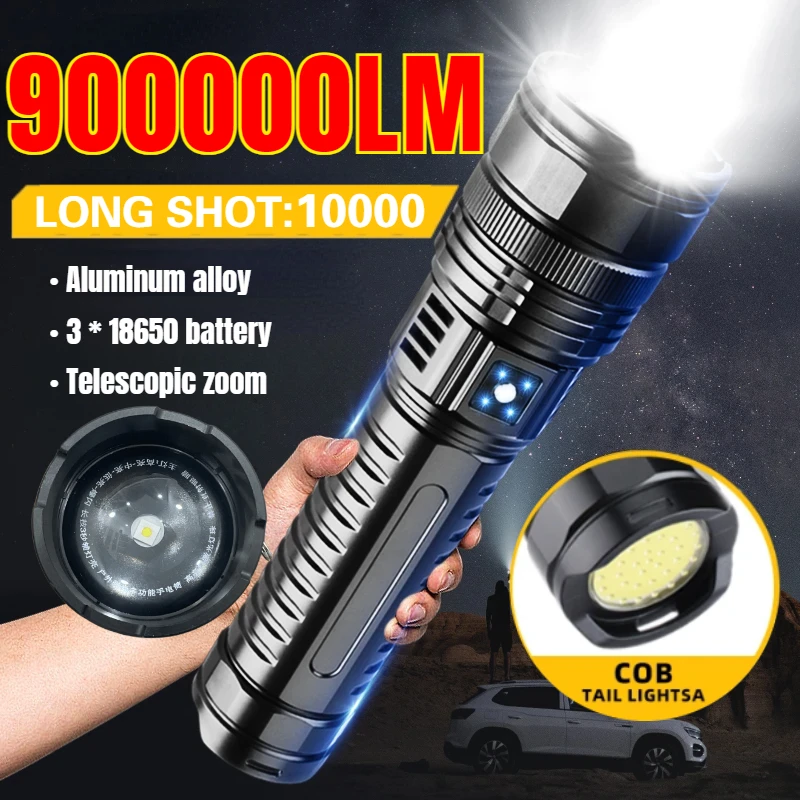 

Ultra Bright 900000LM Flashlight Built-in Battery Powerful White Laser Outdoor Emergency Spotlight LED Tactical Zoomable Lantern