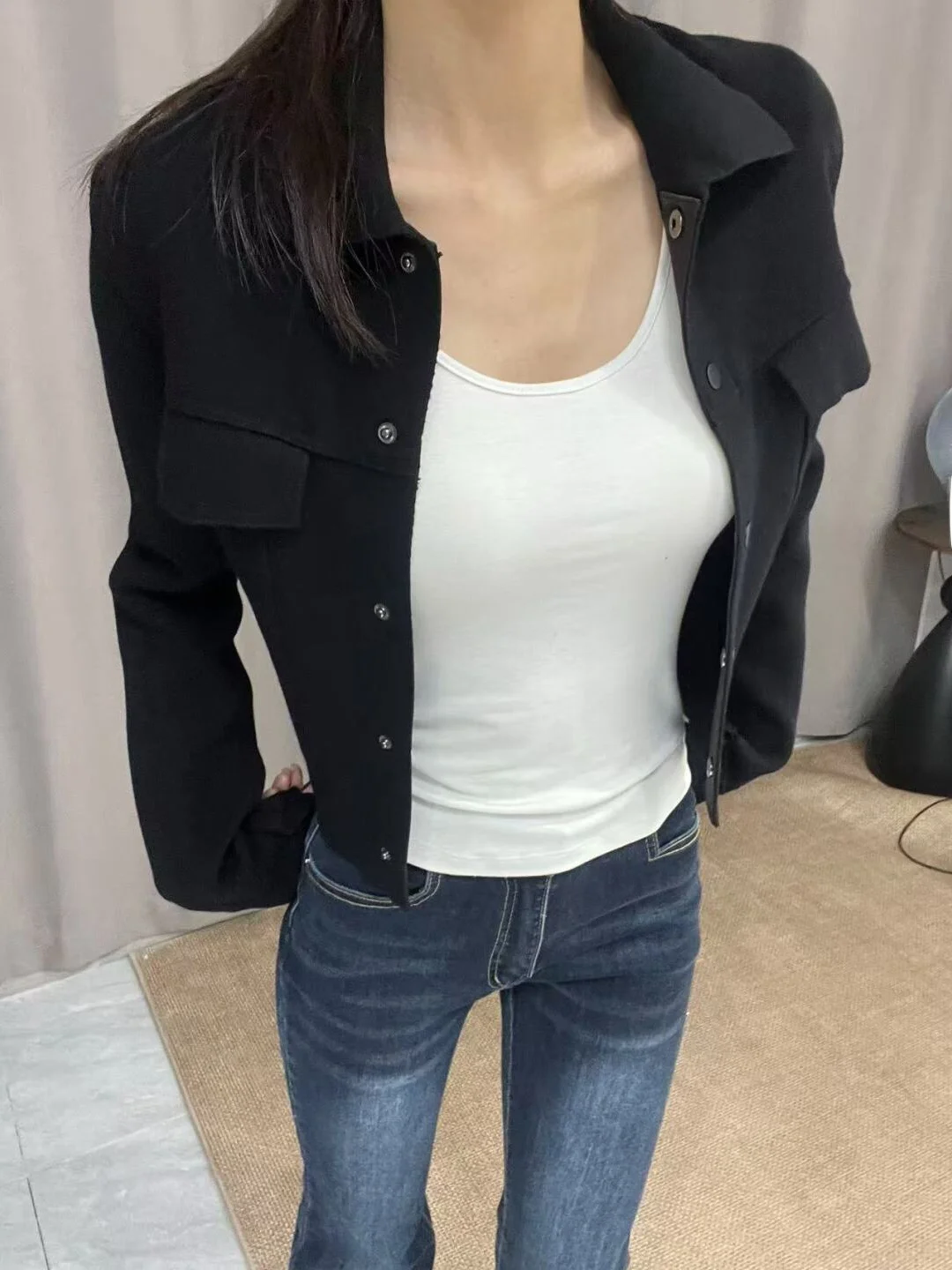 Slim Fit American Style Short Jacket Women's Black Button up Top Early Spring Korean Versatile Fashion plus Size Clothing