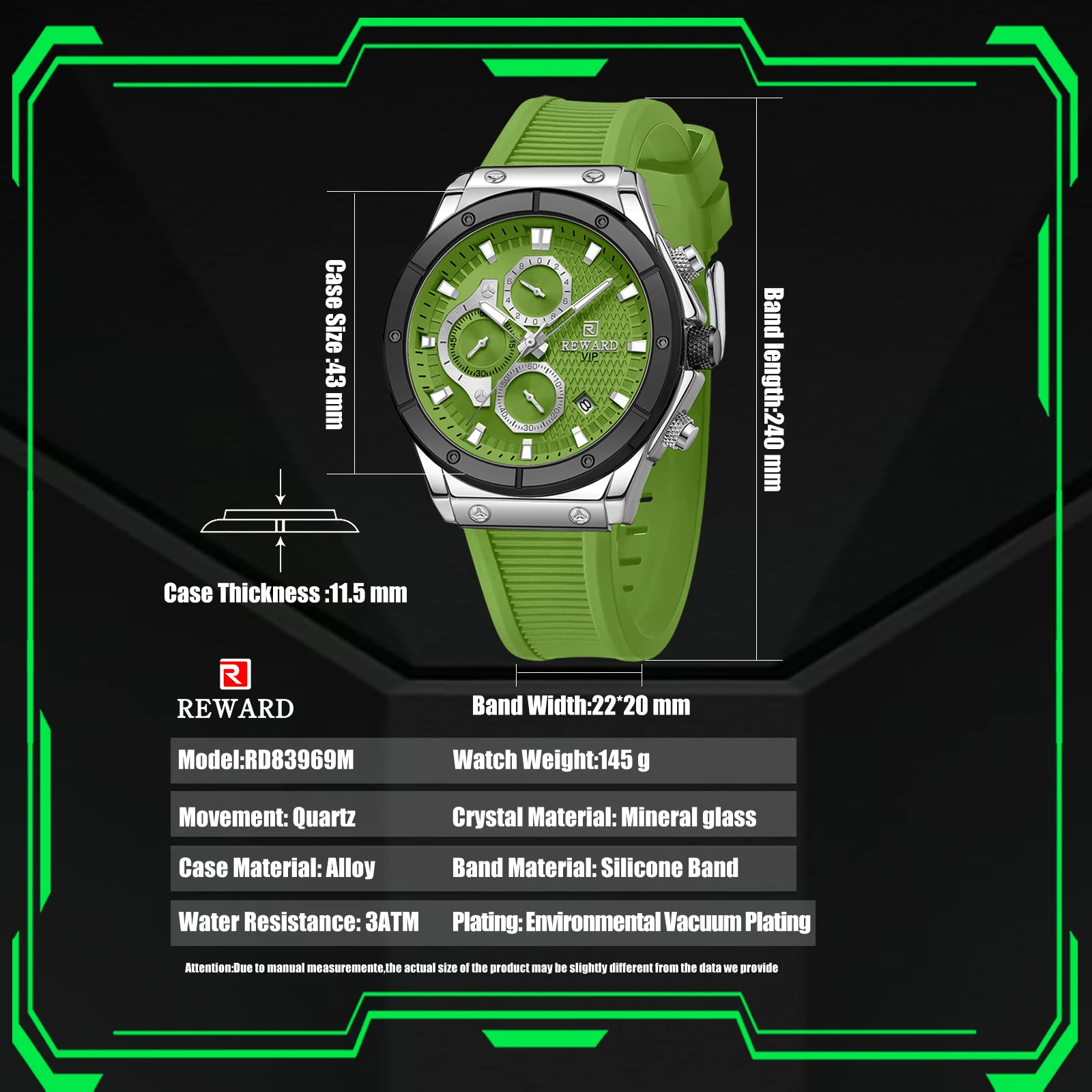 REWARD Reloj de pulsera informal para hombre, cronógrafo con fecha, resistente al agua, luminoso, con correa de silicona, Masculino