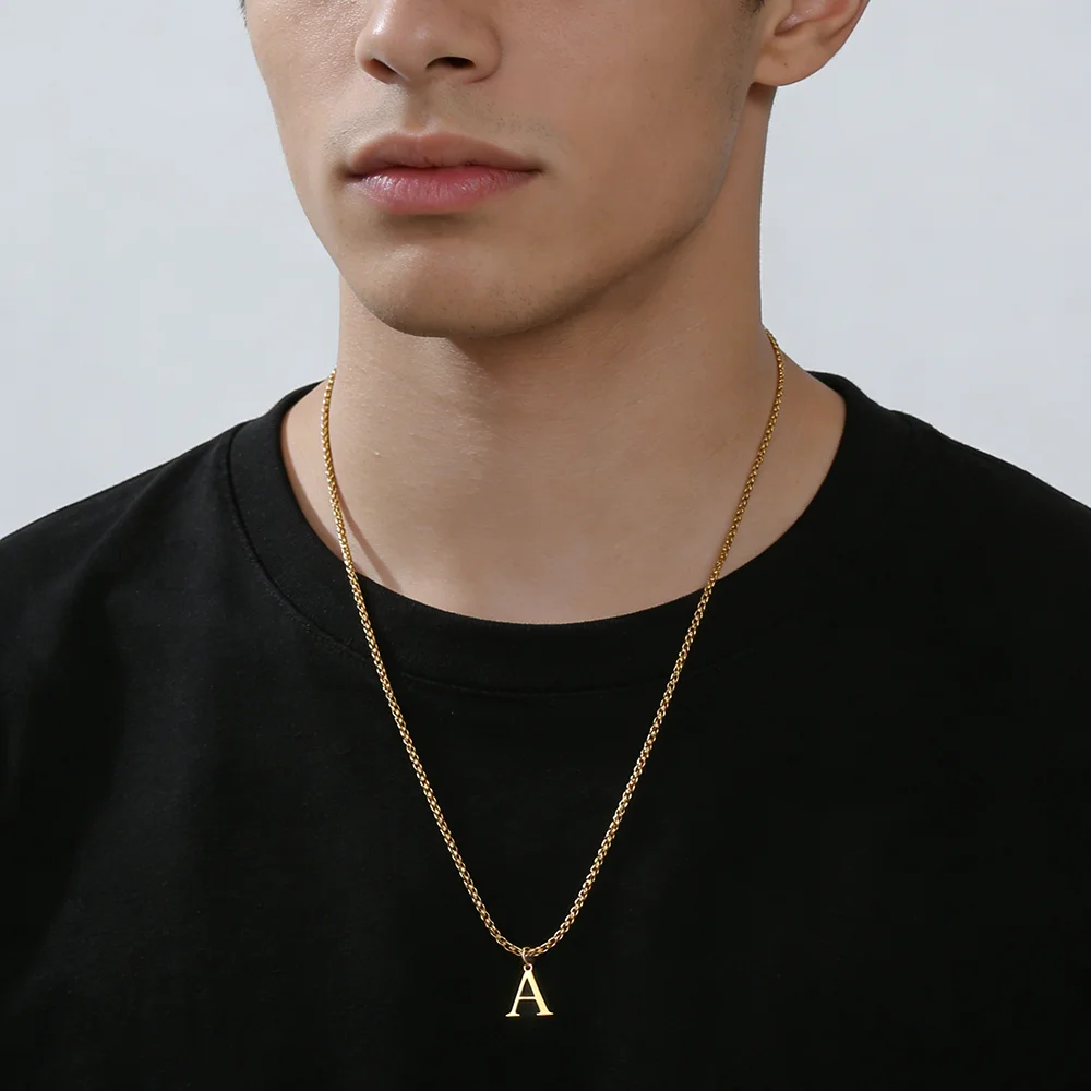 Men Initial Letter Box Chain Necklace 2
