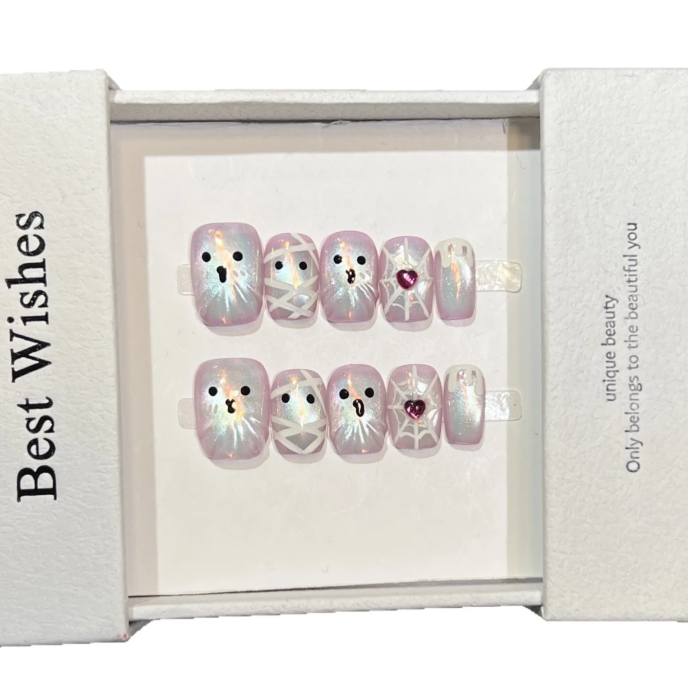 10 قطعة الصحافة القصيرة اليدوية على الأظافر لامعة عيون القط هالوين الكرتون شبح تصميم Y2K الأظافر كاذبة يمكن ارتداؤها رسومات أظافر التوابل الفتيات #5