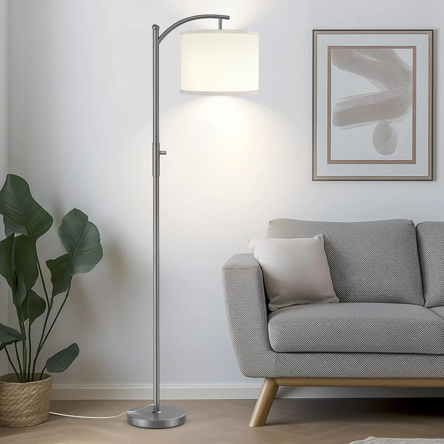 

Dimmable Arc Floor Lamp with Linen Shade, Stepless Dimming Standing Lamp for Living Room, Bedroom, Office - Grey