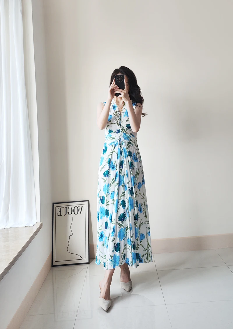 V Neck Sleeveless Blue Printed Midi Dress US 2-US 10