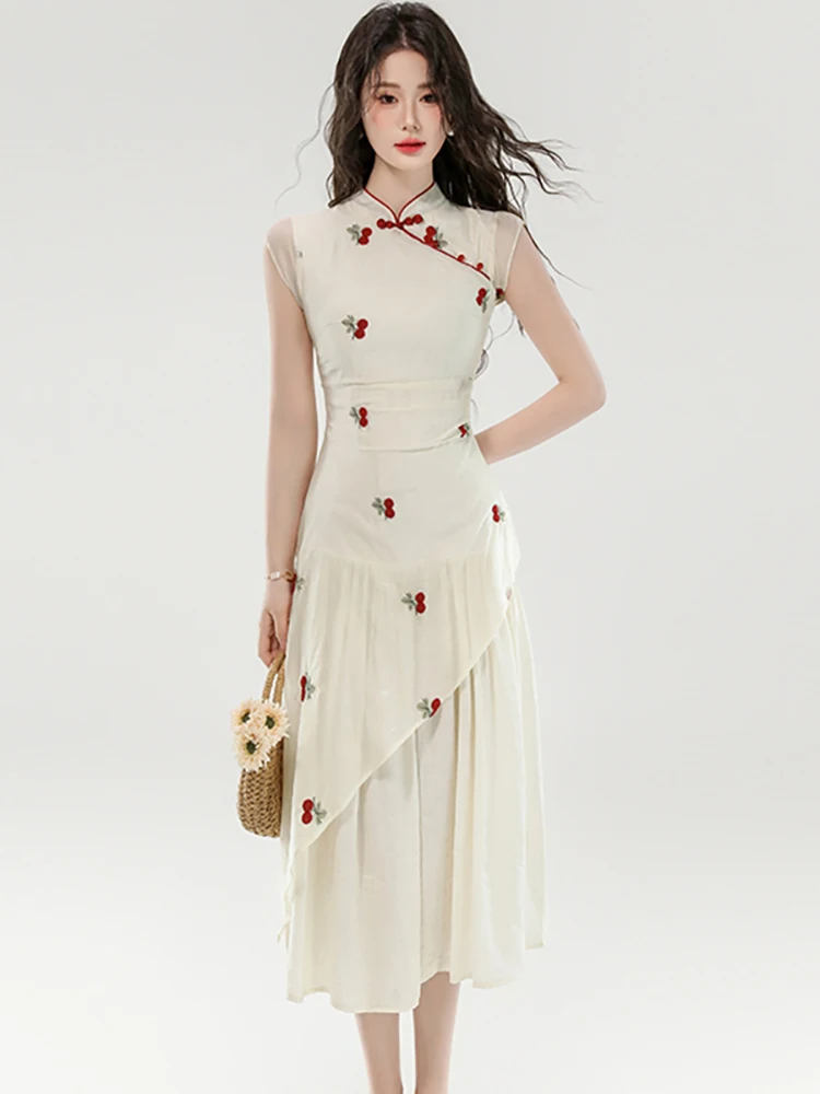 

Women Elegant Embroidery Floral Stand Collar Long Dress Summer Elegant Casual Home Dress 2025 Korean Fashion Bodycon Party Dress