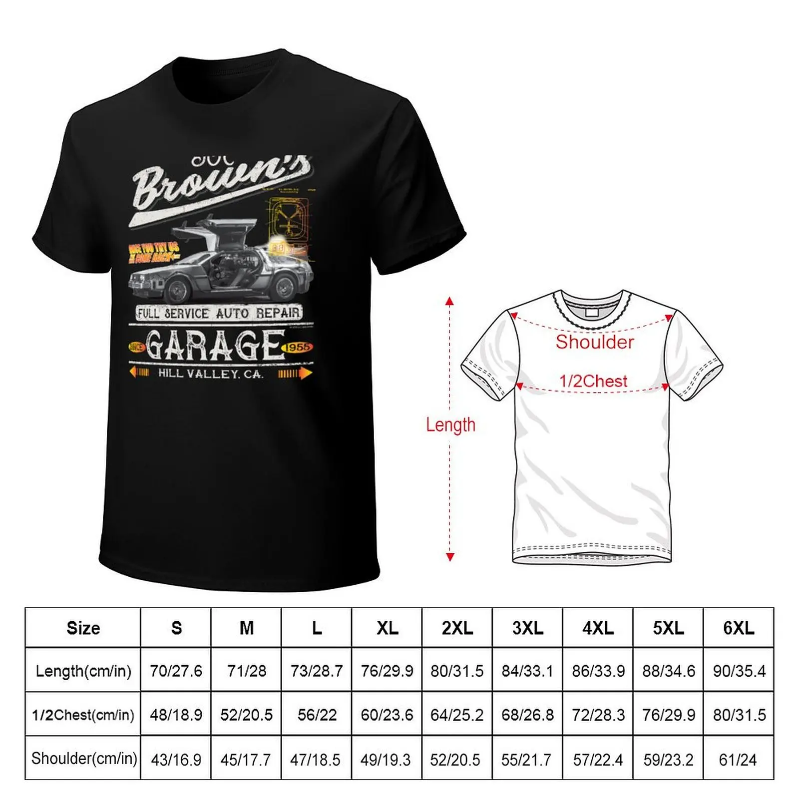 Doc Brown's Auto Repair Garage DeLorean Car (? UCS LLC and Amblin) T-Shirt Simple Line Art Print Tee