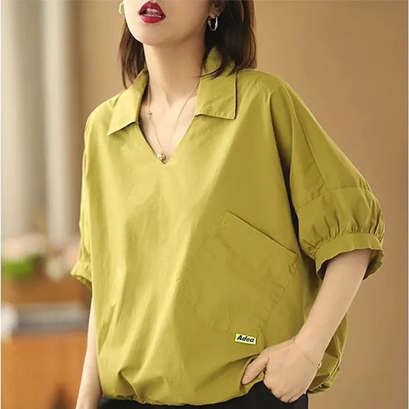 Fashion Solid Color Pockets Folds Asymmetrical Blouse Women\'s Clothing 2023 Autumn New Casual Pullovers All-match Commute Shirt