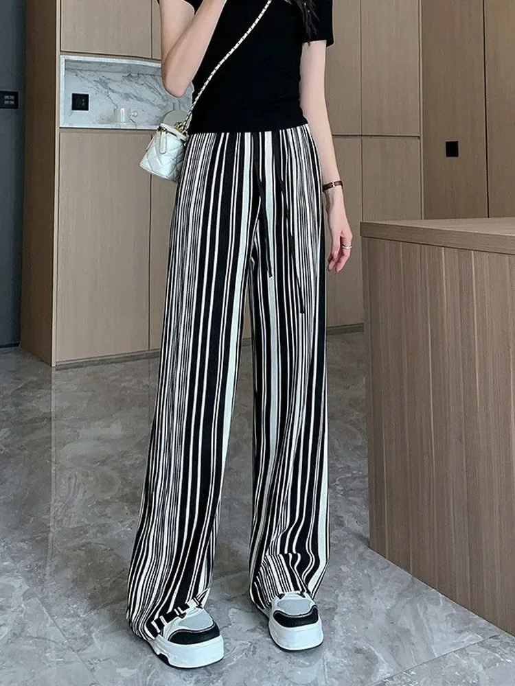 Korean Loose Female Drawstring Striped Print Wide Leg Pants 2023 Summer All-match High Waist Casual Trousers Womens Clothing