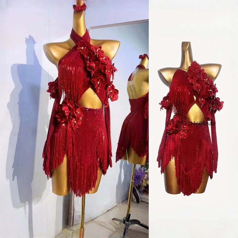 

Новый костюм для латинских танцев, танцевальный костюм без рукавов с открытой спиной и красной кисточкой, костюм для латинских танцев для женщин, сценическое выступление