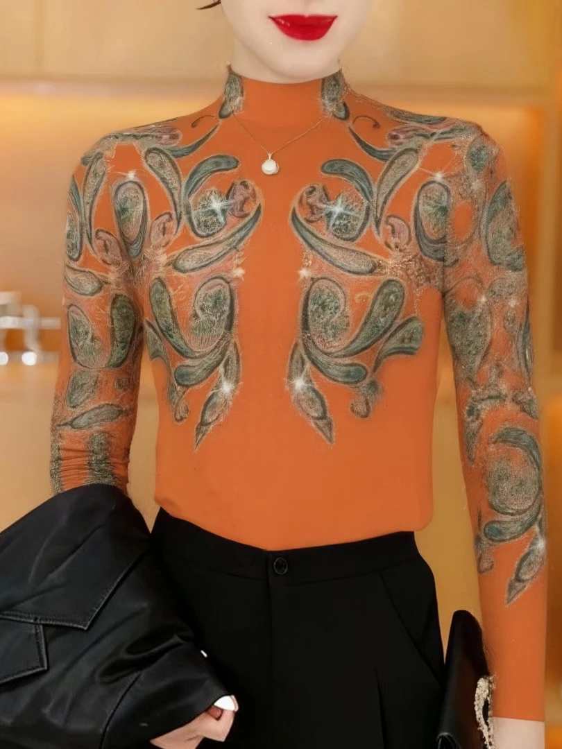 

Весенне-осенняя женская базовая рубашка с длинным рукавом и принтом, с воротником-стойкой, для женщин среднего возраста, скрывающая живот, модный топ