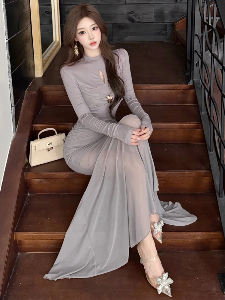 Vestido de noche ajustado de manga larga de tul gris para mujer, vestido de noche con nudo recortado, dobladillo de sirena, elegante, de lujo, para fiesta de graduación