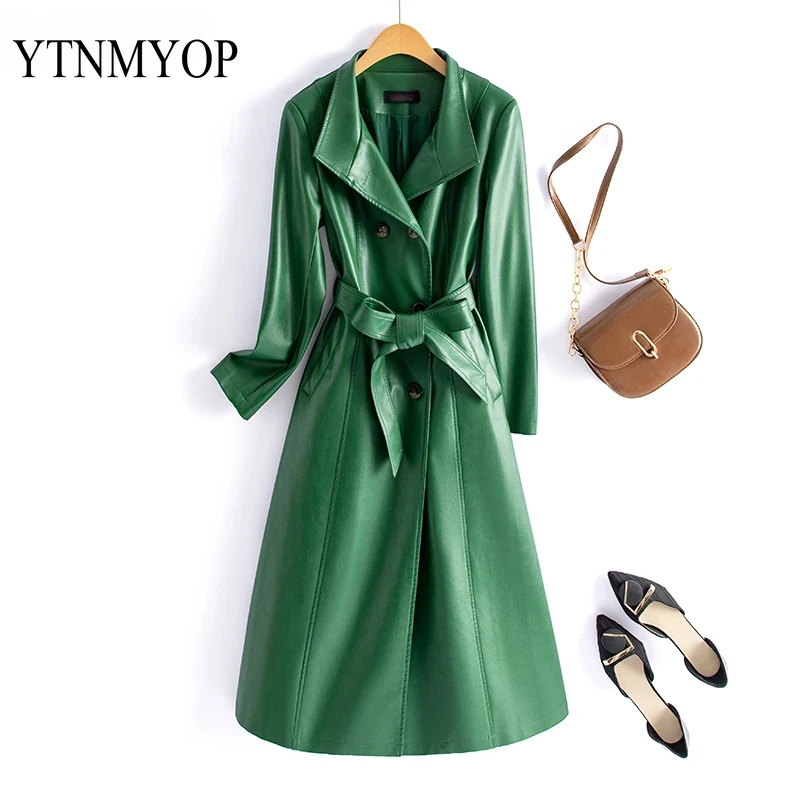 

Spring Leather Trench Women Long Jackets Belt Fashion Long Coat Outwear Suede High Quality M-7XL Faux Leather Clothing