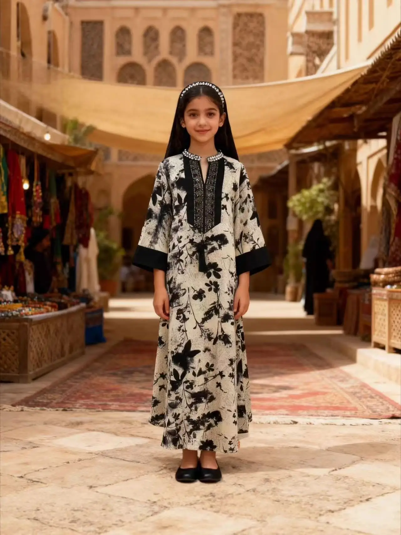 Girl's Loose Printed Nail Bead Elegant Dress Suitable for Middle Eastern and Western Styles