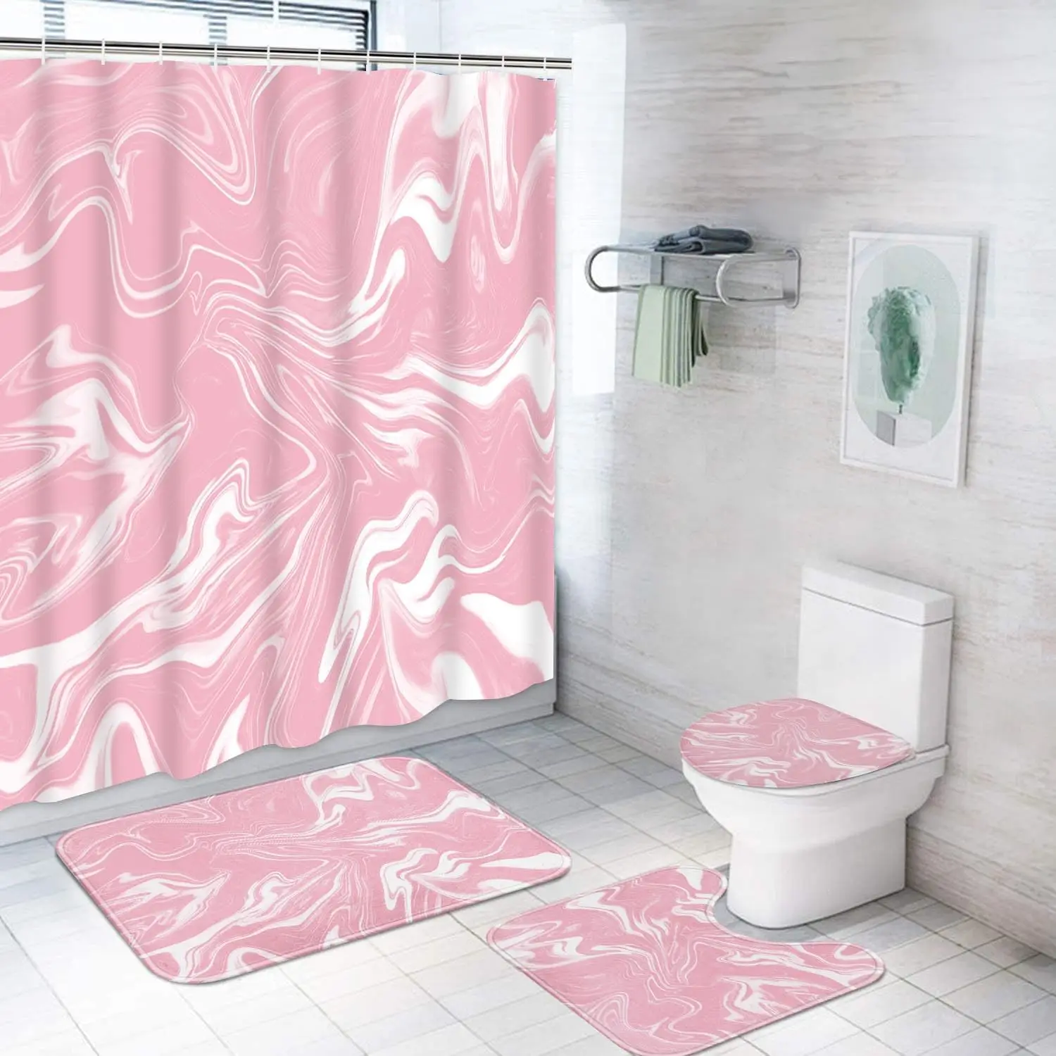 

Pink and White Shower Curtain Set with Rugs, Marble Bathroom Set with Non-Slip Rug, Toilet Lid Cover, Bath Mat Bathroom 4 Pcs