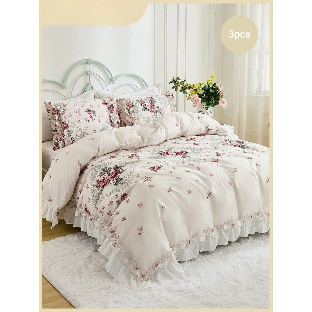 Farmhouse Style 3-Piece Ruffle Duvet Cover Set, Beige Soft Microfiber Bedding for All Seasons