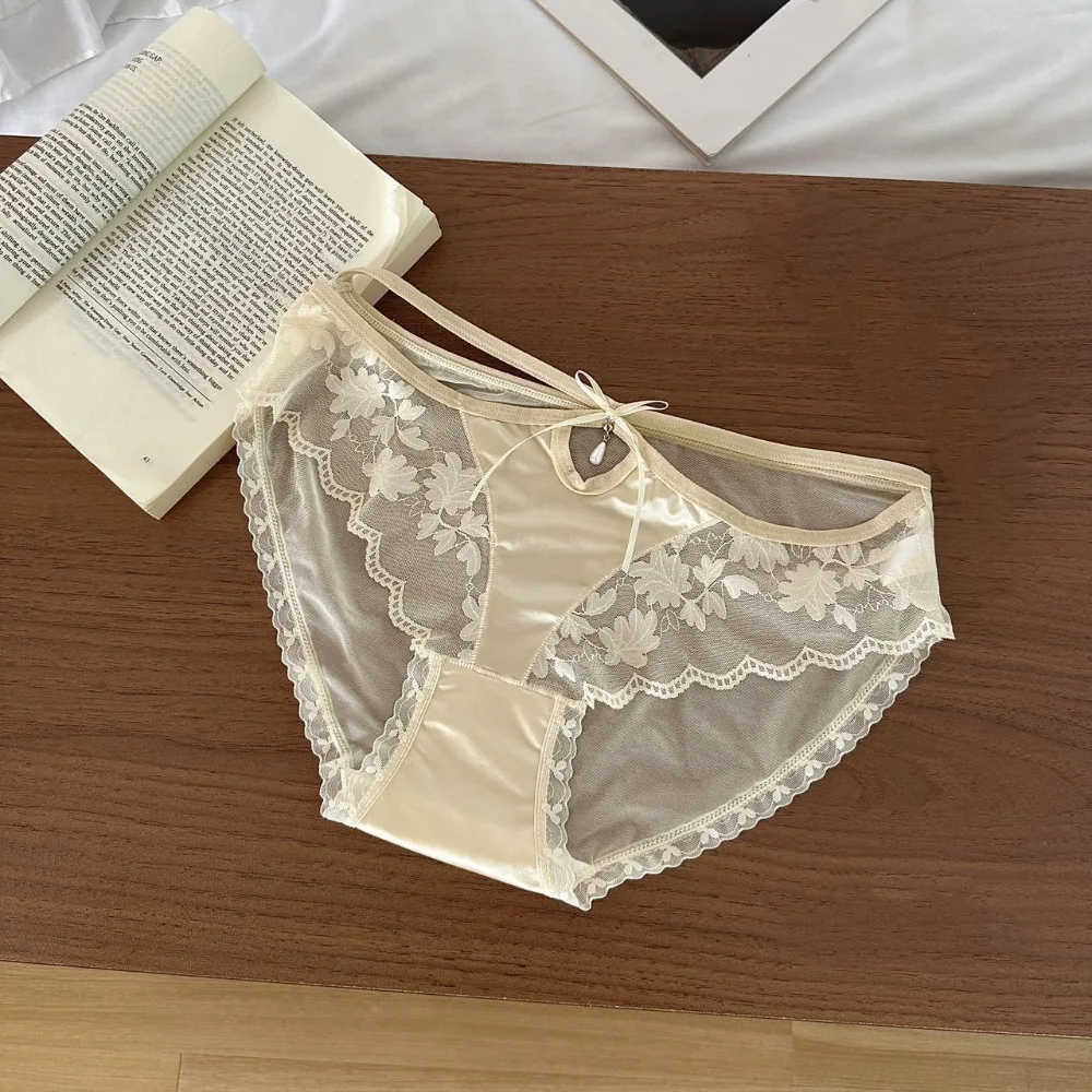 

Thin Low Waist Lace Panties Satin Silk Cotton Crotch Underwear for Women Briefs Transparent Mesh Lace Briefs Girl