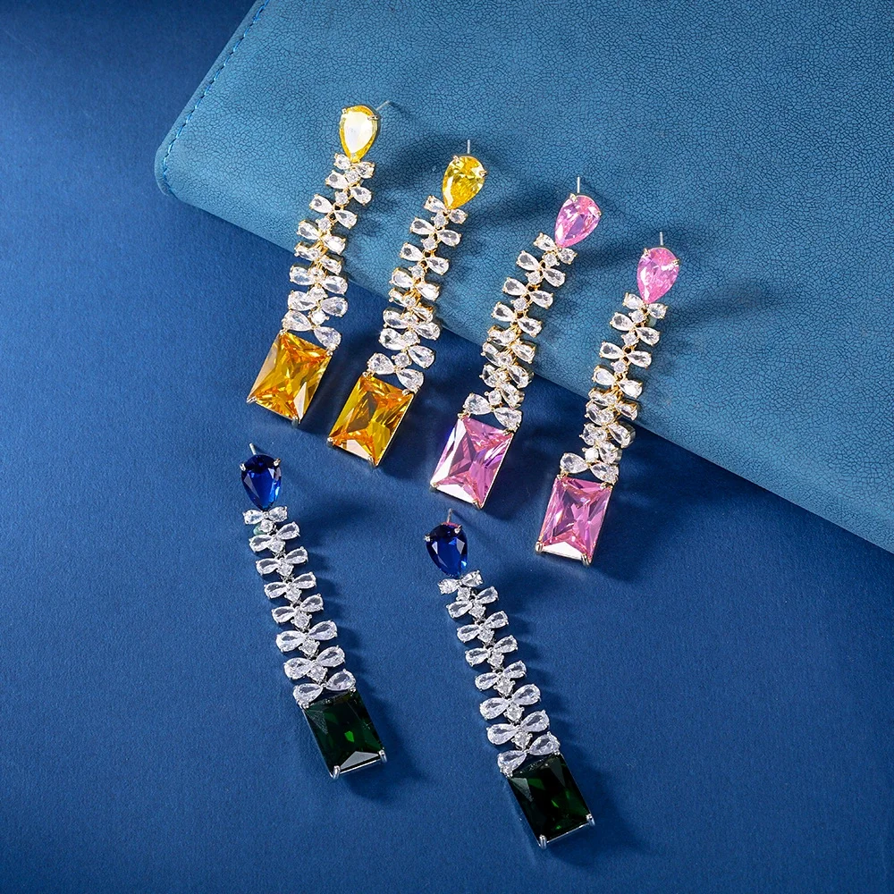 

Luxury Multicolor Gemstone Drop Earrings for Women, Silver Plated Bowknot Zircon Long Dangle Earrings, Party Jewelry