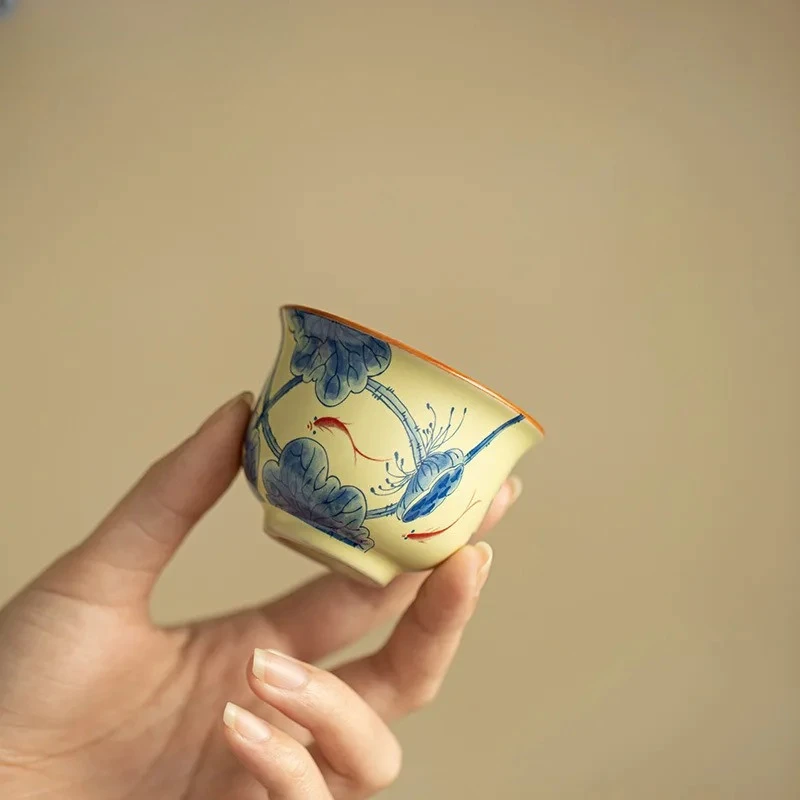 2pc/lot Ru Kiln Yellow Fish Playing in Lotus Pond Teacup Vintage Tea Bowl Mug Tea-tasting Fragrance Cup Jianzhan Master Cup 70ml