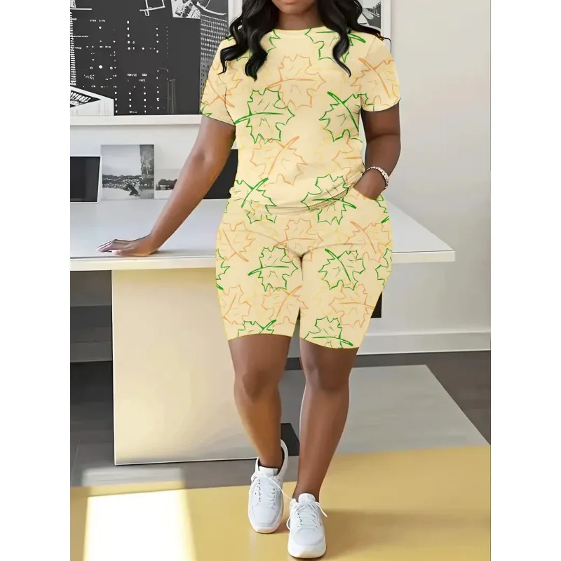 Plus Size Summer Fashion Maple Leaf Printed Thin Short Sleeve Shorts Set for Casual Commuting Loose Micro Elastic Women\'s Set