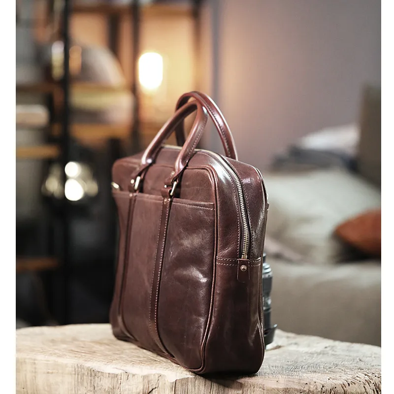 Retro fashion designer top layer cowhide men's coffee business briefcase daily office 14-inch laptop computer lawyer handbag