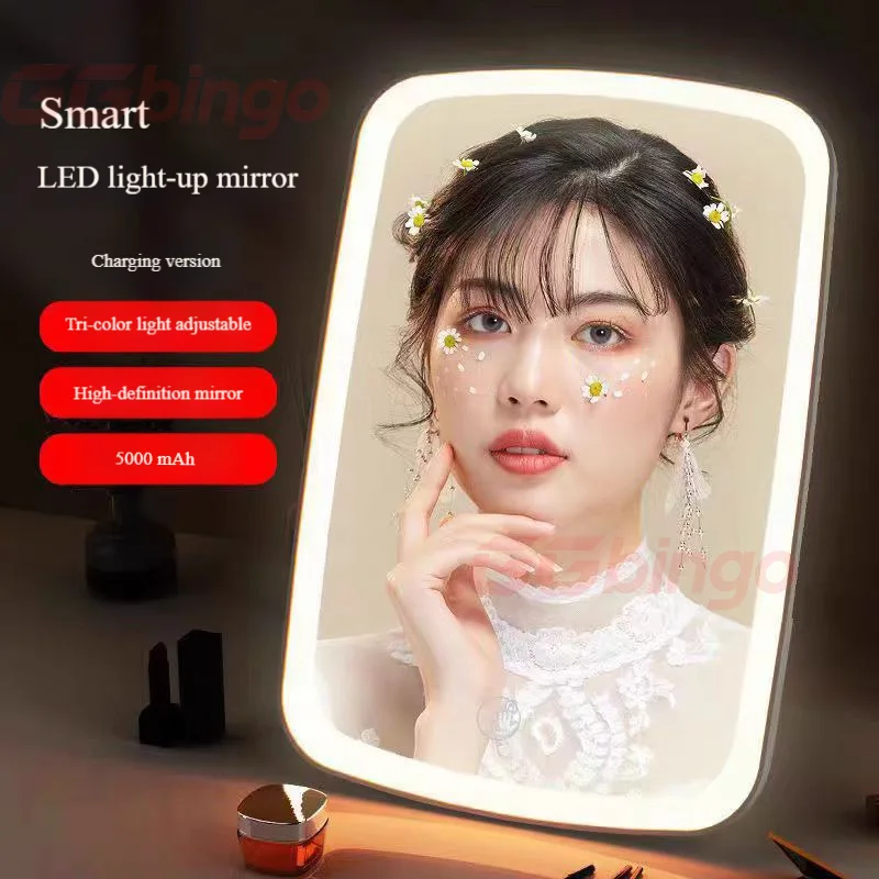 مرآة مكياج LED قابلة للتعتيم، 3 ألوان تعمل باللمس، قابلة للطي وقابلة لإعادة الشحن، مرآة لمستحضرات التجميل للسفر والاستخدام المنزلي