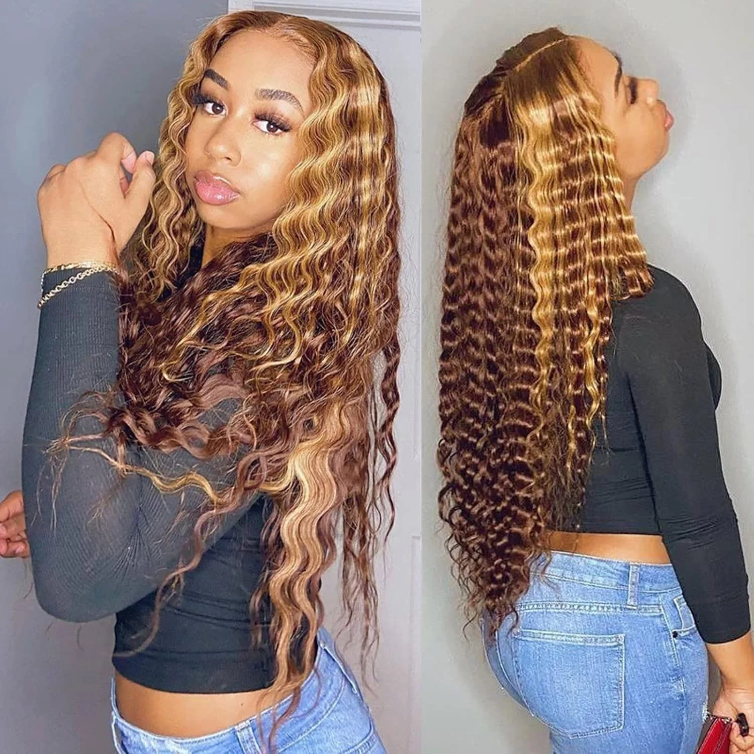 

Honey Blonde 13x4 Deep Wave Lace Front Wigs Human Hair Pre Plucked 4/27 Highlight HD Transparent Lace Frontal Wigs For Women